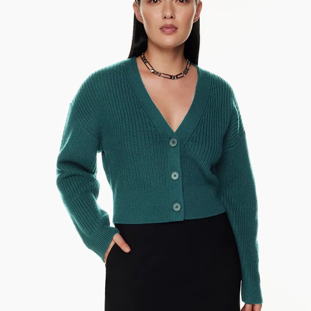 Babaton Teal Green Cropped Button V-Neck Cardigan